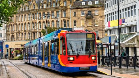 City tram at Cathedral station in Sheffield in South Yorkshire