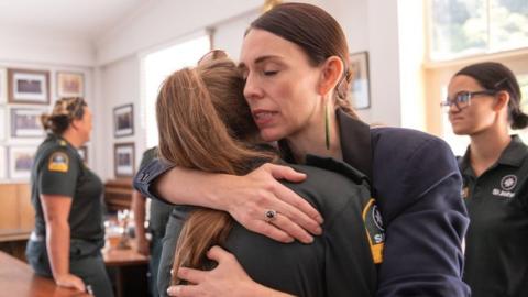 Prime Minister Jacinda Ardern meets with first responders at the Whakatane Fire Station