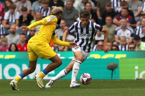 Albion winger Tom Fellows takes on Leeds defender Jayden Bogle at The Hawthorns