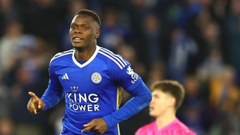 Patson Daka of Leicester City celebrates scoring against Plymouth