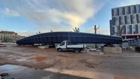 Photo taken November 10th when bridge parts were delivered.