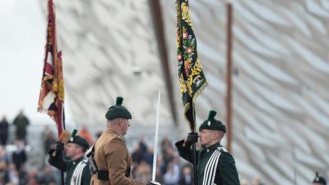 Prince Andrew presents colours to the regiments