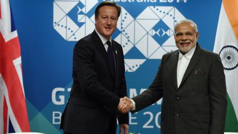 4: British Prime minister David Cameron (left) shakes hands with Indian Prime Minister Narendra Modi during a bilateral meeting at the Brisbane Convention and Exhibitions Centre (BCEC) on November 14, 2014 in Brisbane Australia.