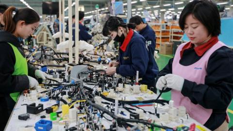 Workers in a wire harness factory in China