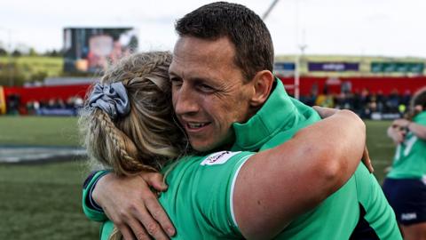 Ireland head coach Scott Bemand celebrates with Sadhbh McGrath after the final wgistle