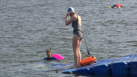 A swimmer prepares to dive into Bristol Harbour