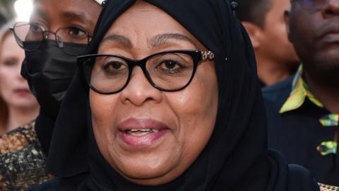 President of Tanzania Samia Suluhu Hassan attends the Los Angeles premiere of "Tanzania: The Royal Tour" at Paramount Studios on April 21, 2022 in Los Angeles