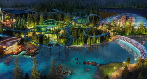 An artist's impression of the theme park, with blue, swirling rollercoasters across grass and pools