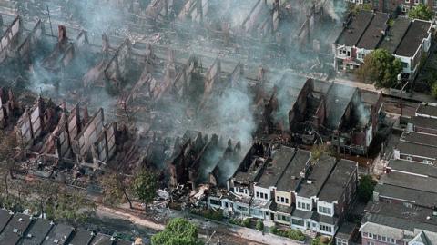 Aerial view of burning houses
