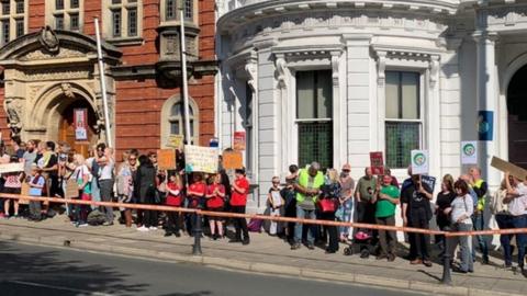 Protesters outside the Tynwald Buildings