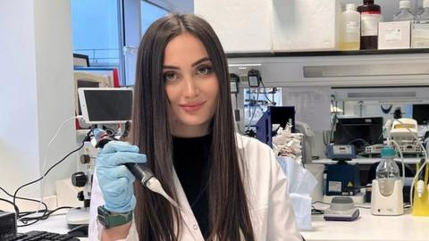 PMBSNU medical student Mariia Hryhorian in the Medical School laboratory at Swansea University