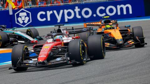Charles Leclerc and Lando Norris on track in Miami 
