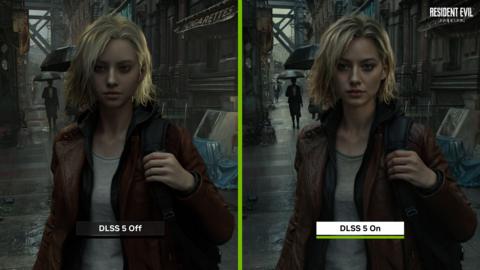 An image of a female character from the game Resident Evil is shown twice in a split screen format. The shot on the right says 'DLSS 5 feature off' at the bottom and is less clear and realistic than the one on the right, which reads: DLSS 5 feature on. 