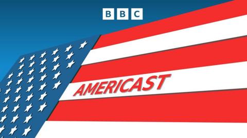 A stylized American flag with the stars and stripes prominently displayed. The word "AMERICAST" stretches boldly across the flag in red, capital letters. Above the flag sits a blue header containing the BBC logo.
