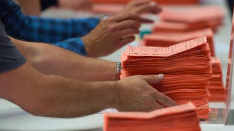 Ballot papers are counted at the Sport Wales National Centre on June 9, 2017 in Cardiff, United Kingdom.