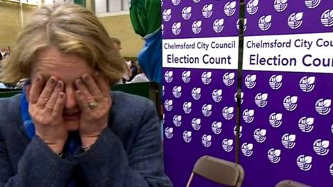 Conservative MP Vicky Ford is visibly upset during a BBC interview as the Tories lose a comfortable majority in Chelmsford.