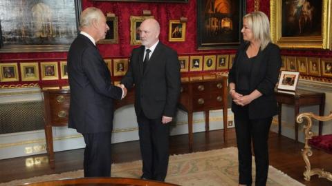 King Charles, Sinn Féin's Michell O'Neill and Alex Maskey at Hillsborough Castle