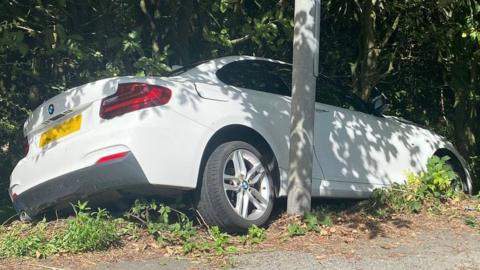 Car in bushes after coming off the road and hitting electricity poles