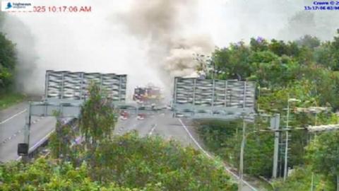 A blurry photo from a traffic camera showing billowing smoke coming from the side of a motorway, behind gantry signs. Lots of foliage in the foreground. A fire engine is at the scene.