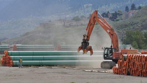 Steel pipe to be used for the Trans Mountain Expansion Project at a stockpile site in British Columbia.