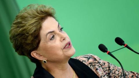 Brazilian President Dilma Rousseff speaks during a news conference with international press at Planalto Palace in Brasilia on 19 April, 2016.