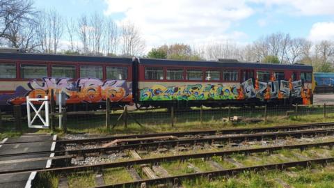 Graffiti on two trains