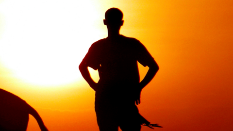 Silhouette of a farmer in Tigray, Ethiopia - archive shot