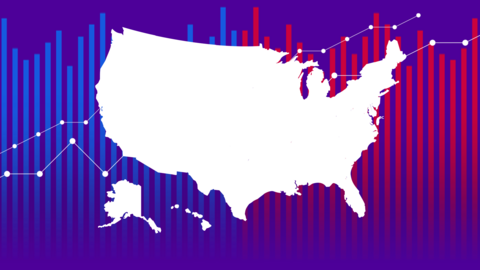 An outline of the USA in white with a purple background with red and blue lines, as in a bar chart, and white points indicating a graph 