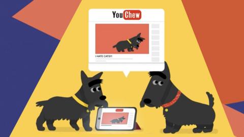 Illustration of two dogs watching a video on a smart device 