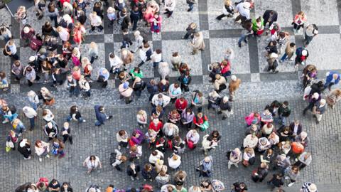 Aerial shot of a crowd in a Czech square