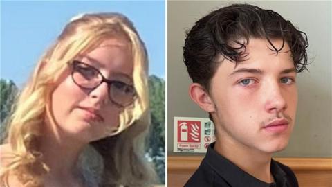 A composite image of two photos. Eden Bunn is on the left and has long blonde hair. She is wearing glasses and is standing in front of trees. Declan Berry is on the right has short black hair. He is wearing a black polo T-shirt and is sitting in front of a wall.