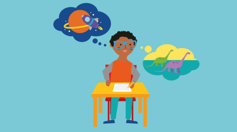 An illustration of a child writing a story, which visualises spaceships and dinosaurs in thought bubbles.