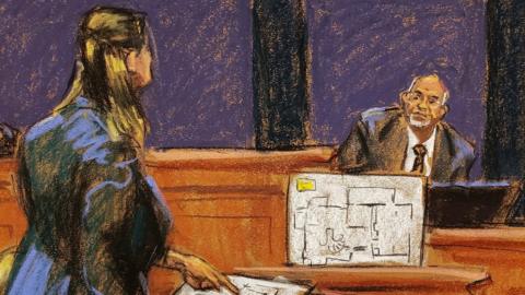This courtroom sketch shows Ausa Maureen comey questioning Juan alessi with floor plan of epstein house on screen during Ghislaine Maxwell's trial on charges of sex trafficking, in New York City, on December 1, 2021.