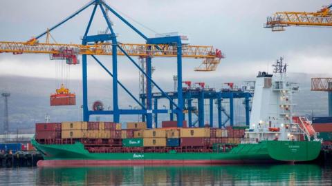 A container ship in Belfast harbour