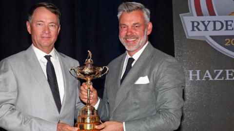 Davis Love III and Darren Clarke pose with the Ryder Cup