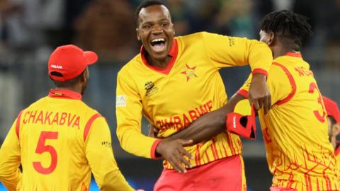 Zimbabwe celebrate beating Pakistan at the T20 World Cup