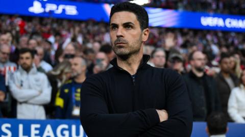 Arsenal head coach Mikel Arteta on the touchline during their Champions League semi-final first leg at Atletico Madrid