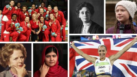England women's netball team, Emmeline Pankhurst, Greta Thunberg, Margaret Thatcher, Malala Yousafzai and Jessica Ennis-Hill