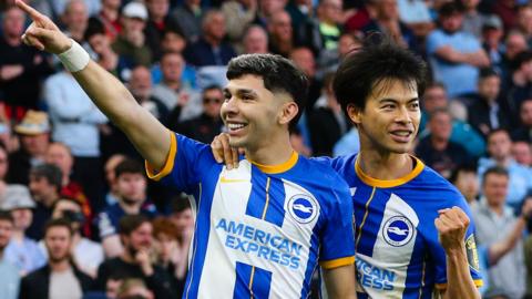 Brighton's Julio Enciso celebrates a goal against Manchester City
