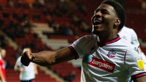 Oladapo Afolayan celebrates his goal for Bolton against Charlton