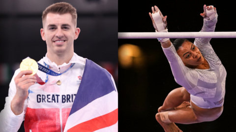 A split picture of GB gymnasts Max Whitlock and Becky Downie