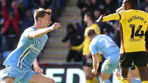 Coventry's Ben Sheaf celebrates his equaliser against Watford