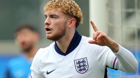 Harvey Elliott celebrates his goal for England