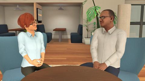 A man and woman talk to each other in virtual reality