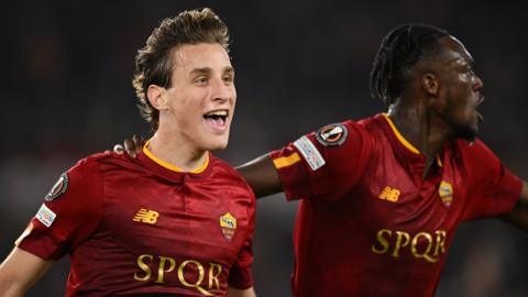 Edoardo Bove of AS Roma celebrates after scoring the team's first goal during the UEFA Europa League semi-final first leg match between AS Roma and Bayer 04 Leverkusen at Stadio Olimpico