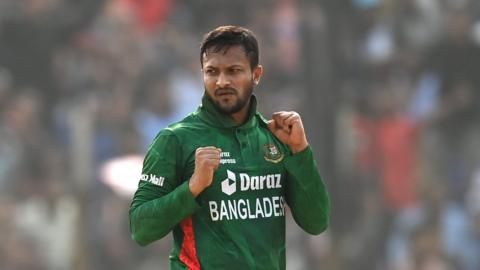 Bangladesh captain Shakib Al Hasan celebrates a wicket