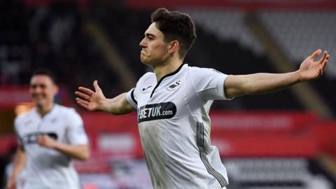 Daniel James celebrates scoring for Swansea against Brentford