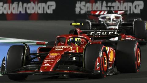 Oliver Bearman in the Ferrari leads a Haas during the Saudi Arabian Grand Prix