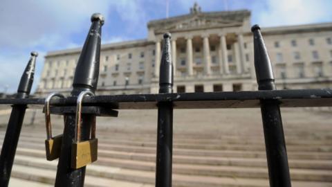 General view of the locked gates at Stormont in Belfast