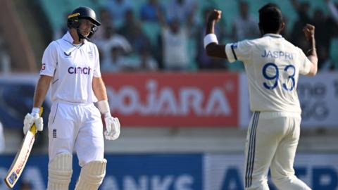England's Joe Root (left) is dismissed by India fast bowler Jasprit Bumrah (right)